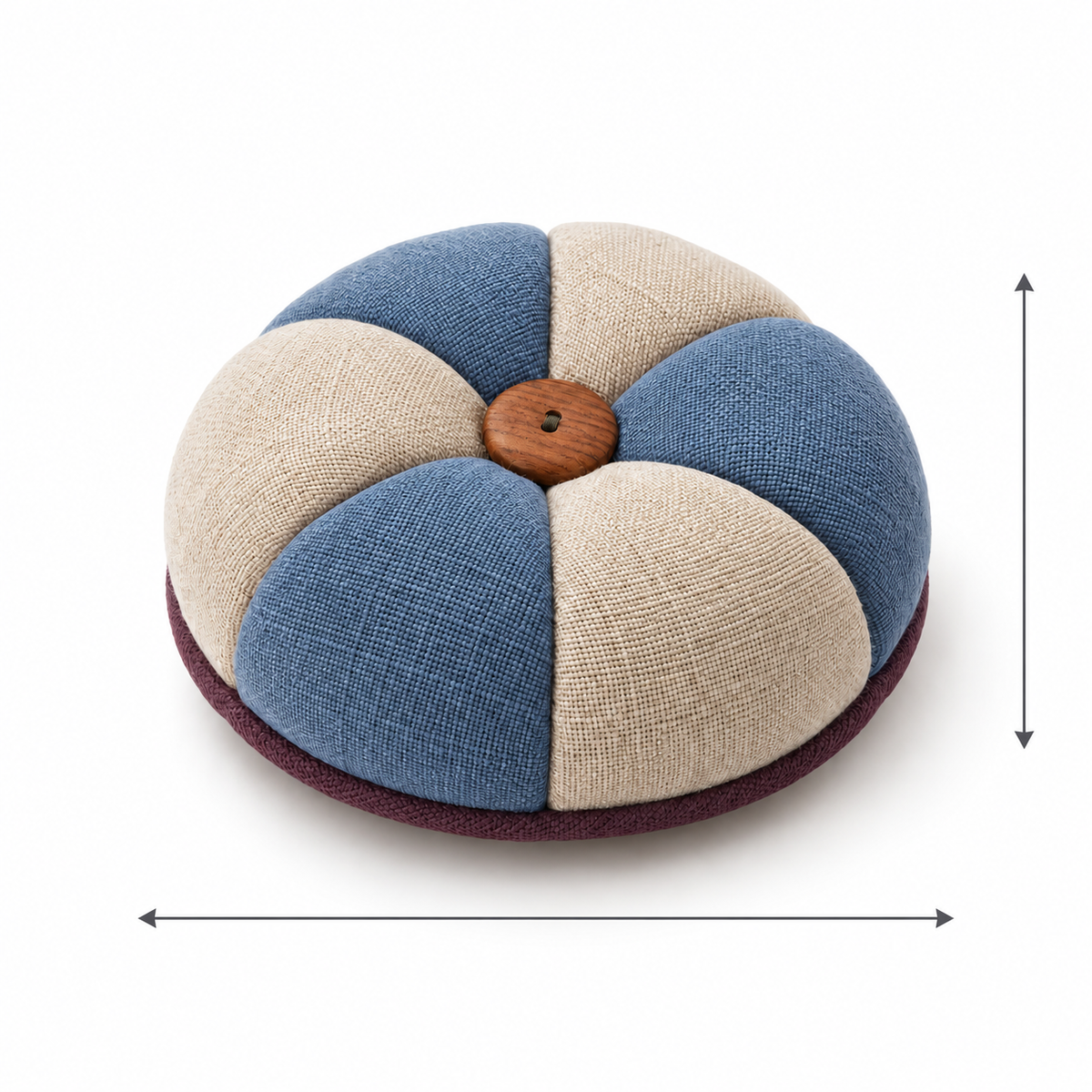 Blauw-beige speldenkussen met houten knoop