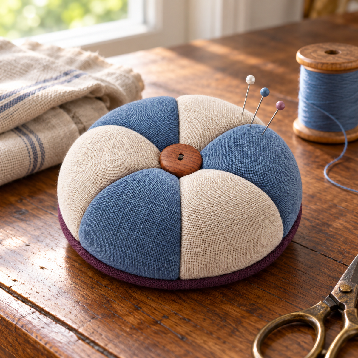 Blauw-beige speldenkussen met houten knoop