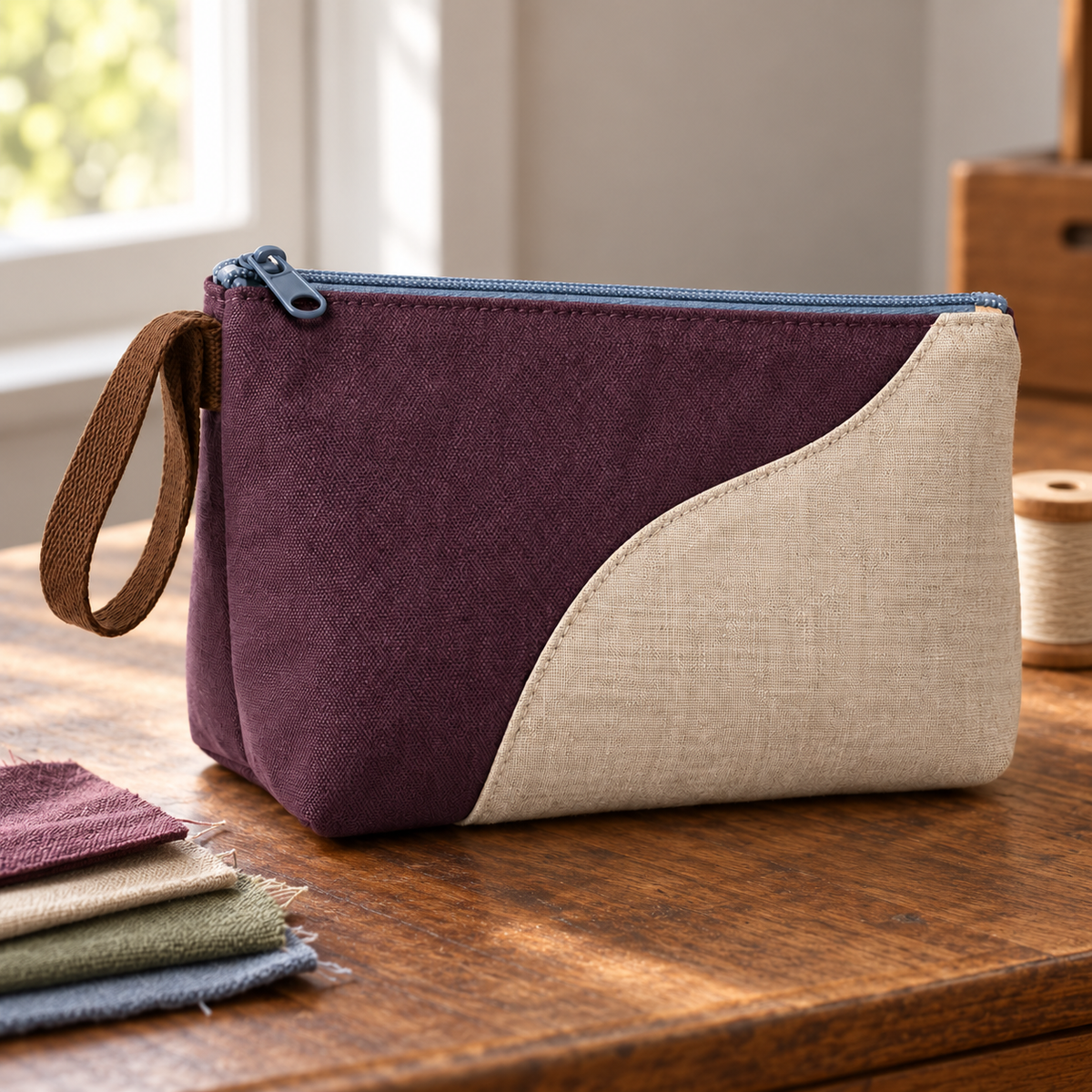 Pruimkleurig patchworketui met gebogen beige paneel